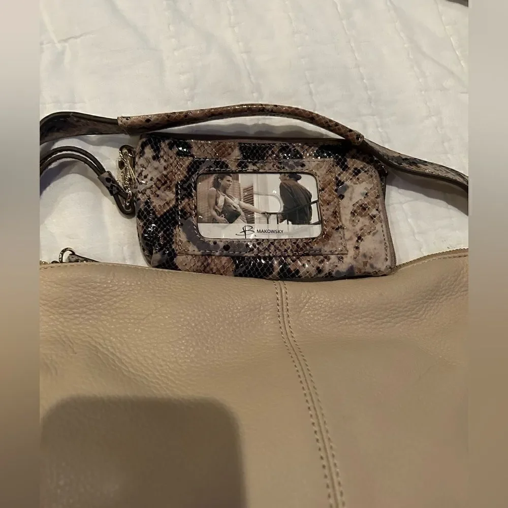 B. Makowsky Leather Bag with Crossbody strap. Cream leather with snakeskin trim